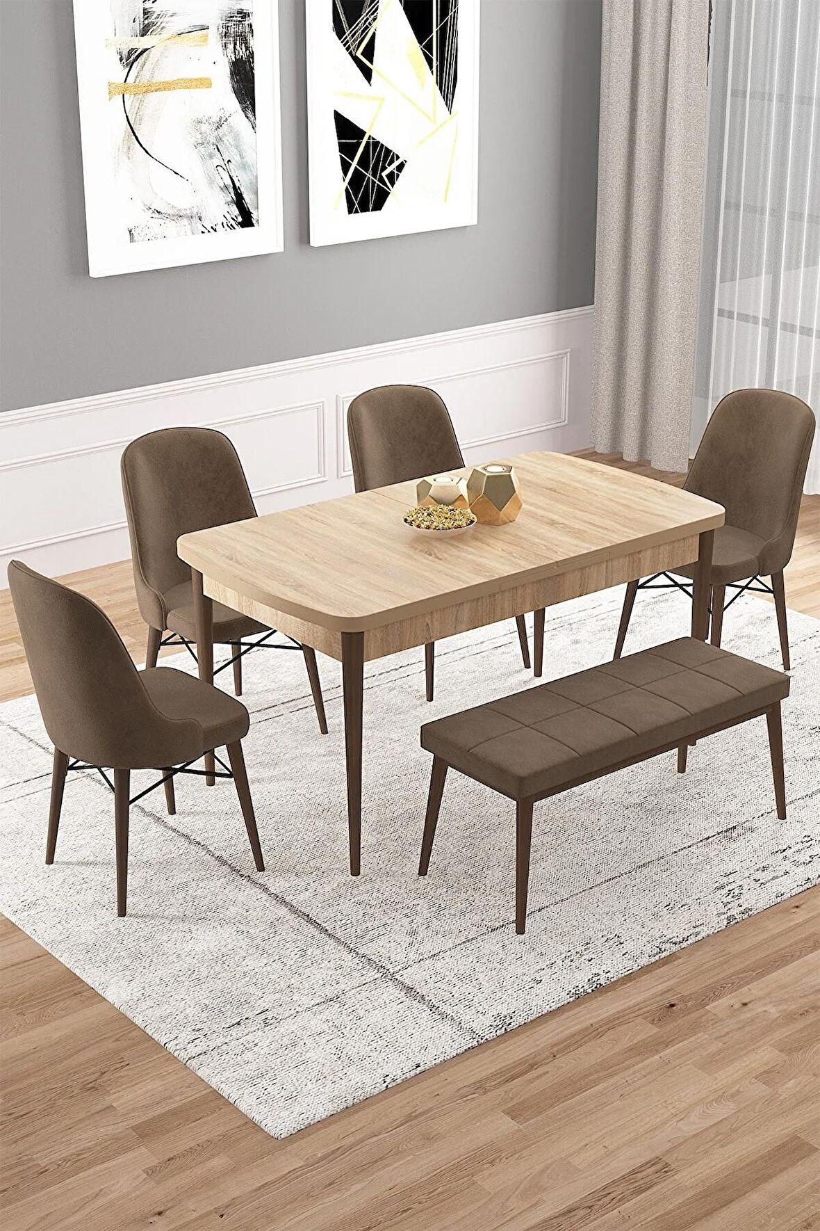 Rovena Vals Meşe 80x132 Açılabilir Mdf Mutfak Masası Takımı 4 Adet Sandalye+1 Bench