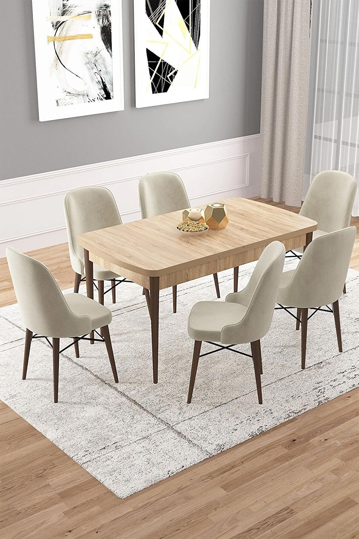 Rovena Vals Meşe 80x132 Açılabilir Mdf Mutfak Masası Takımı 6 Adet Sandalye