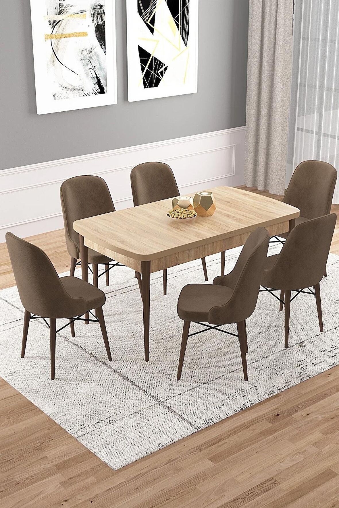 Rovena Vals Meşe 80x132 Açılabilir Mdf Mutfak Masası Takımı 6 Adet Sandalye