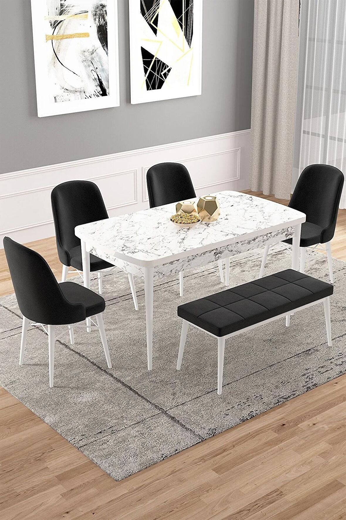 Rovena Vals Beyaz Mermer 80x132 Açılabilir Mdf Mutfak Masası Takımı 4 Adet Sandalye+1 Bench