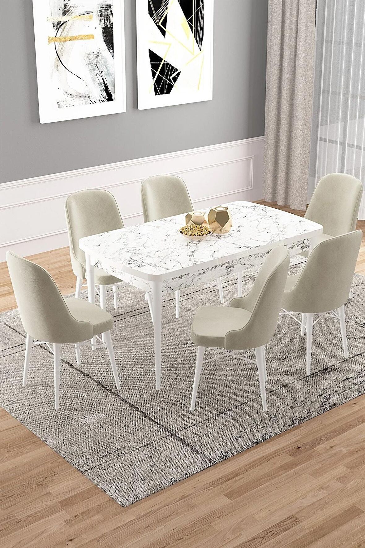 Rovena Vals Beyaz Mermer 80x132 Açılabilir Mdf Mutfak Masası Takımı 6 Adet Sandalye
