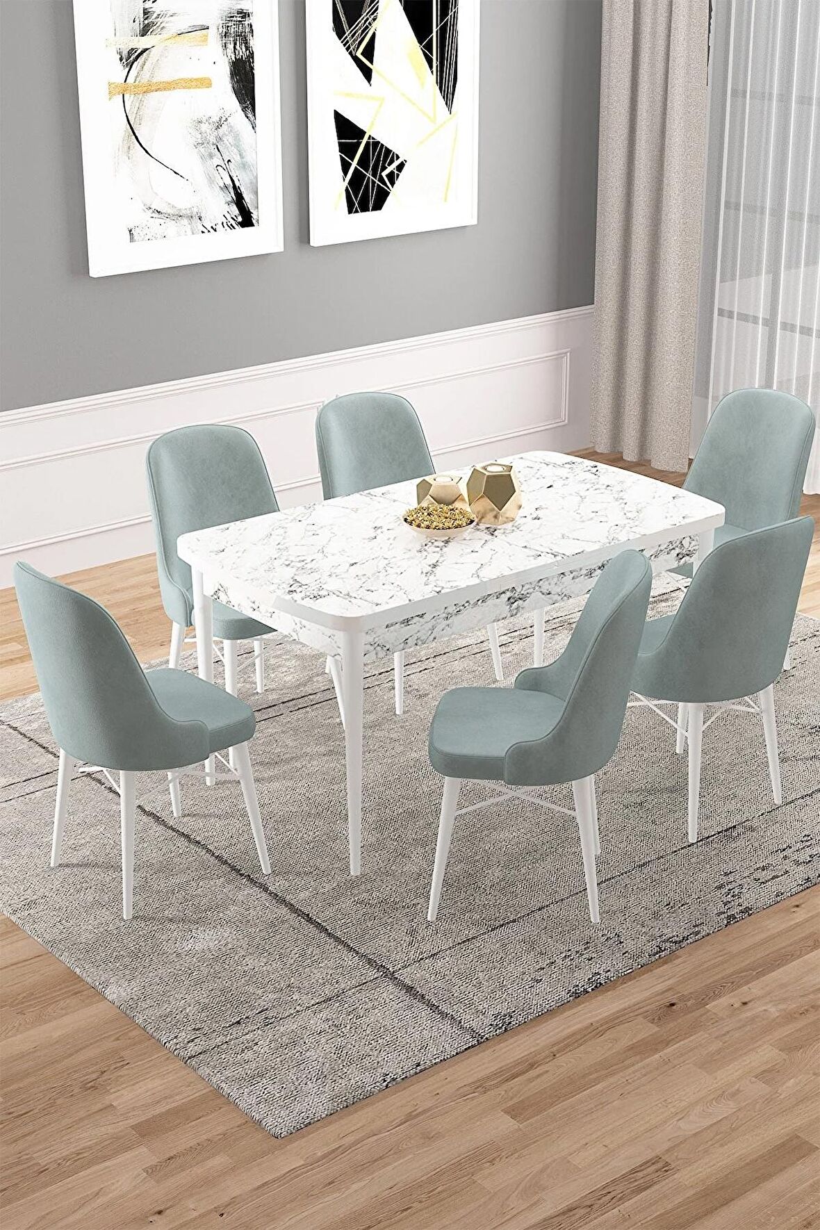 Rovena Vals Beyaz Mermer 80x132 Açılabilir Mdf Mutfak Masası Takımı 6 Adet Sandalye