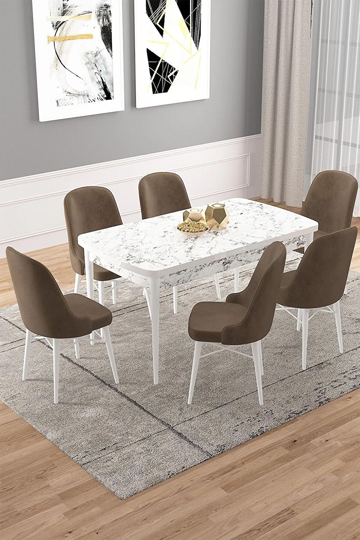 Rovena Vals Beyaz Mermer 80x132 Açılabilir Mdf Mutfak Masası Takımı 6 Adet Sandalye