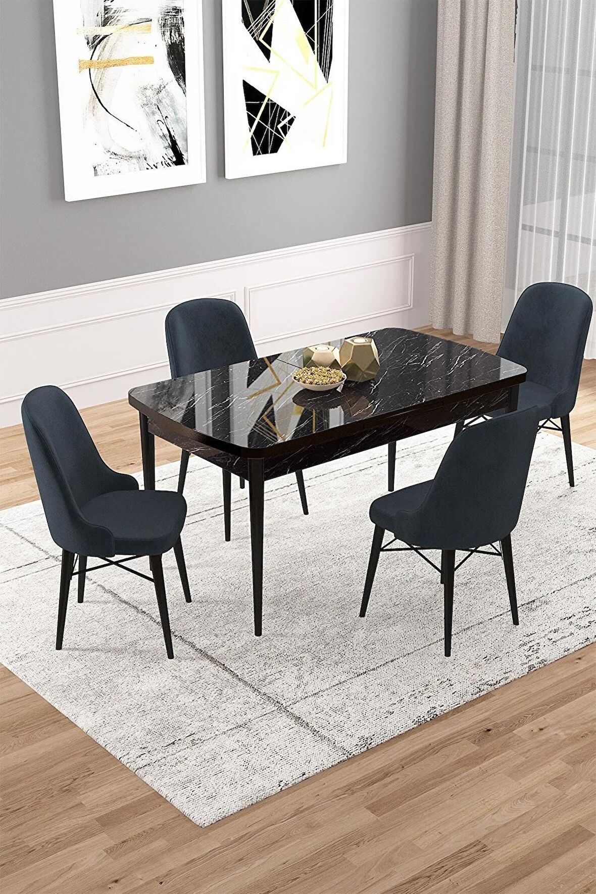 Rovena Vals Siyah Mermer 80x132 Açılabilir Mdf Mutfak Masası Takımı 4 Adet Sandalye