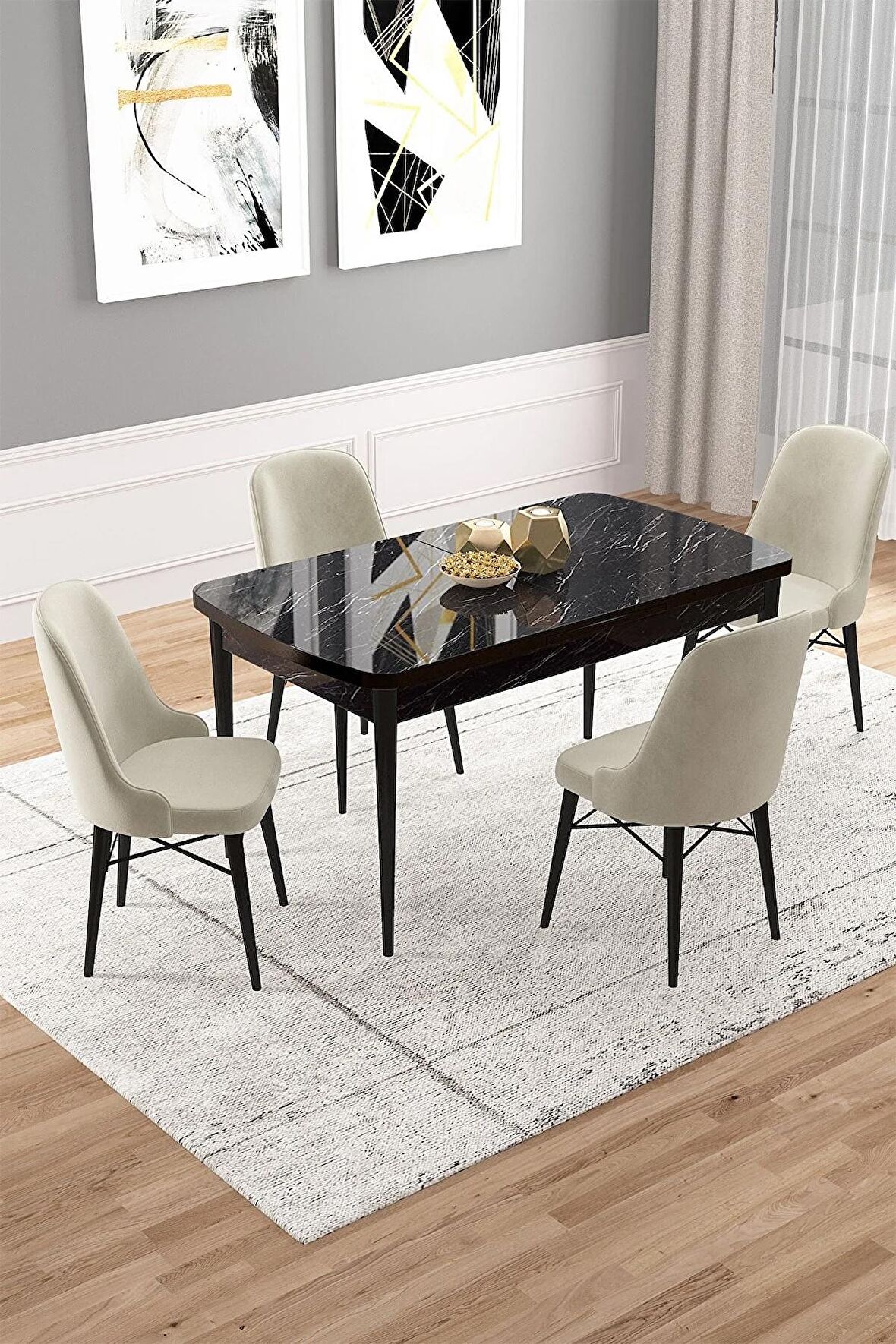 Rovena Vals Siyah Mermer 80x132 Açılabilir Mdf Mutfak Masası Takımı 4 Adet Sandalye