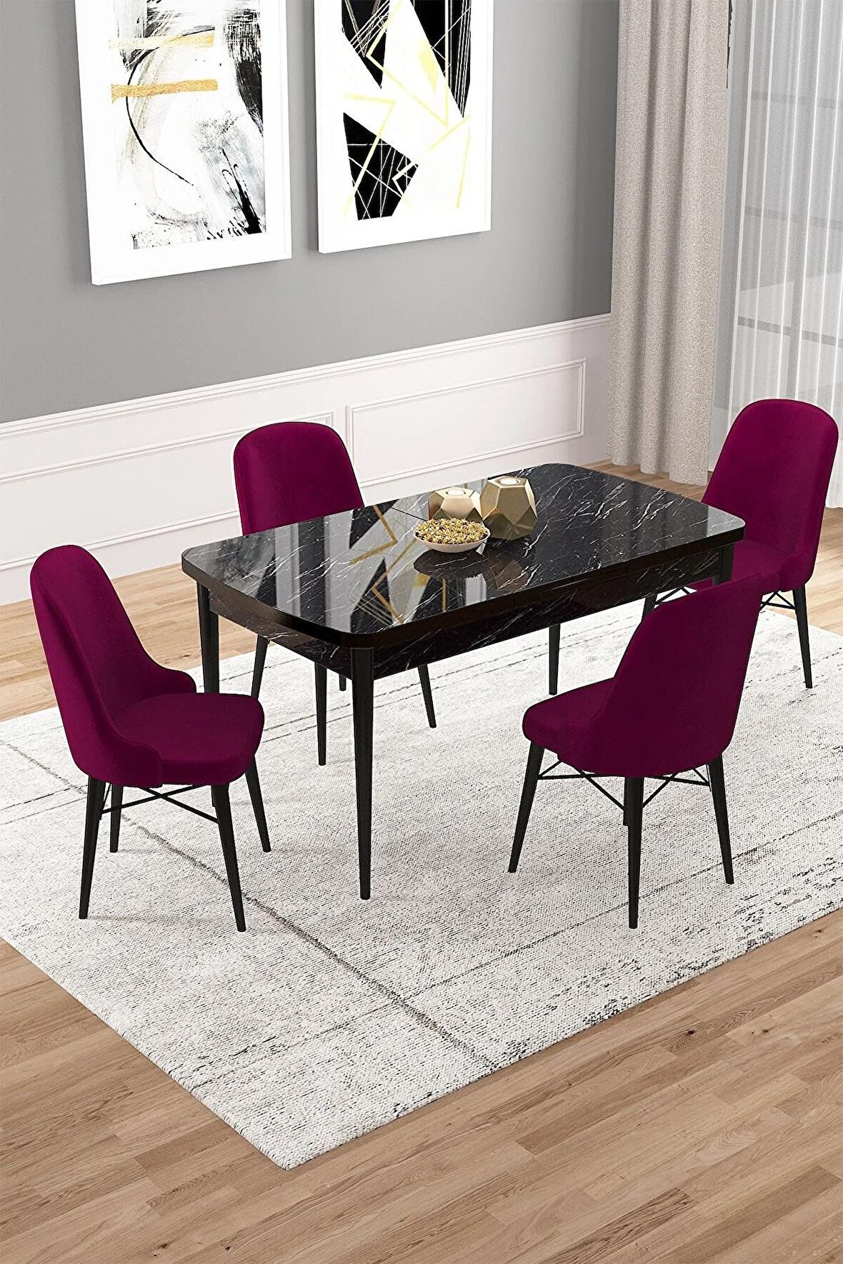 Rovena Vals Siyah Mermer 80x132 Açılabilir Mdf Mutfak Masası Takımı 4 Adet Sandalye