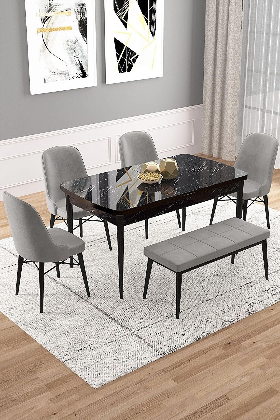 Rovena Vals Siyah Mermer 80x132 Açılabilir Mdf Mutfak Masası Takımı 4 Adet Sandalye+1 Bench