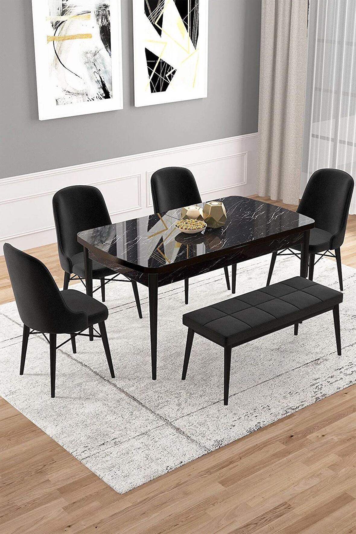 Rovena Vals Siyah Mermer 80x132 Açılabilir Mdf Mutfak Masası Takımı 4 Adet Sandalye+1 Bench