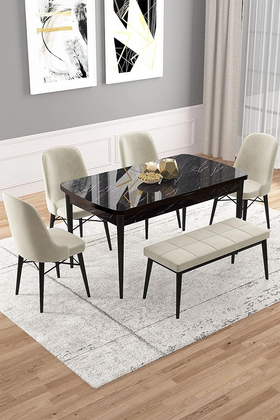 Rovena Vals Siyah Mermer 80x132 Açılabilir Mdf Mutfak Masası Takımı 4 Adet Sandalye+1 Bench