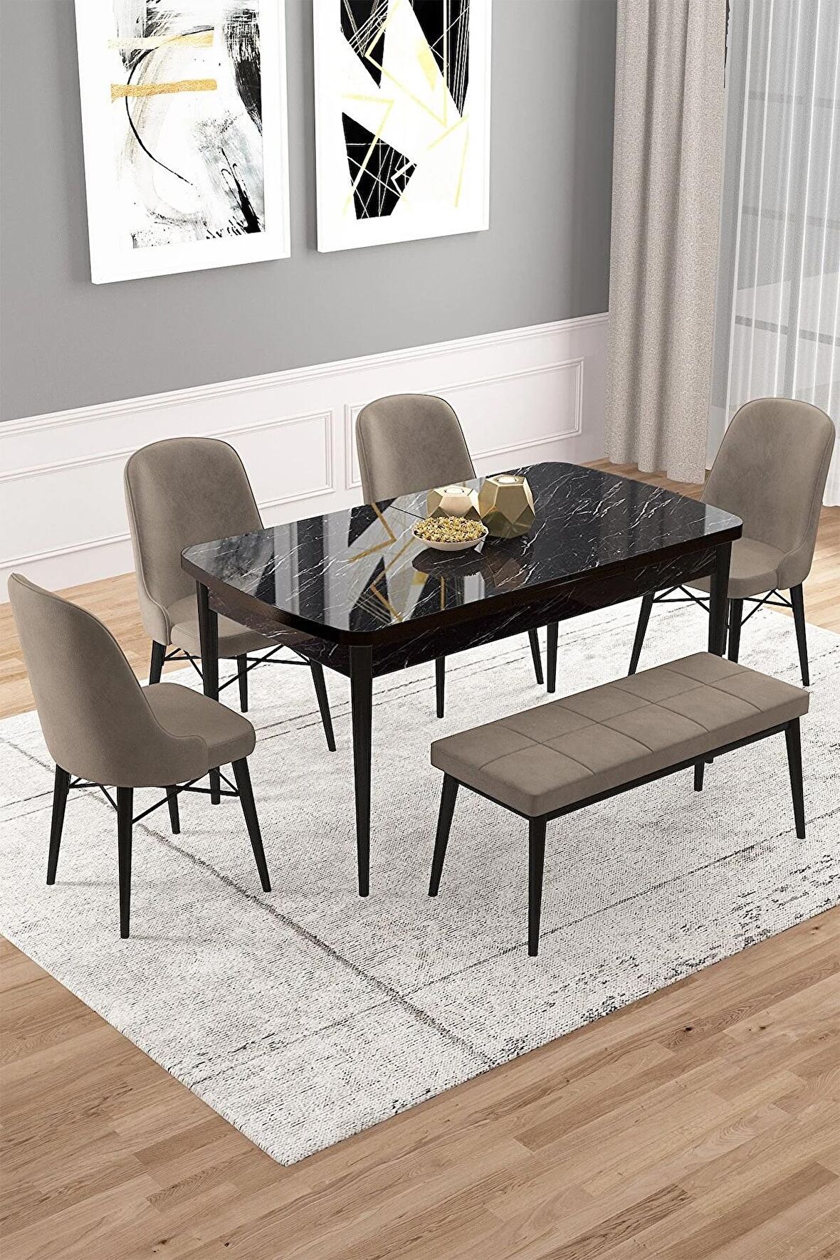 Rovena Vals Siyah Mermer 80x132 Açılabilir Mdf Mutfak Masası Takımı 4 Adet Sandalye+1 Bench