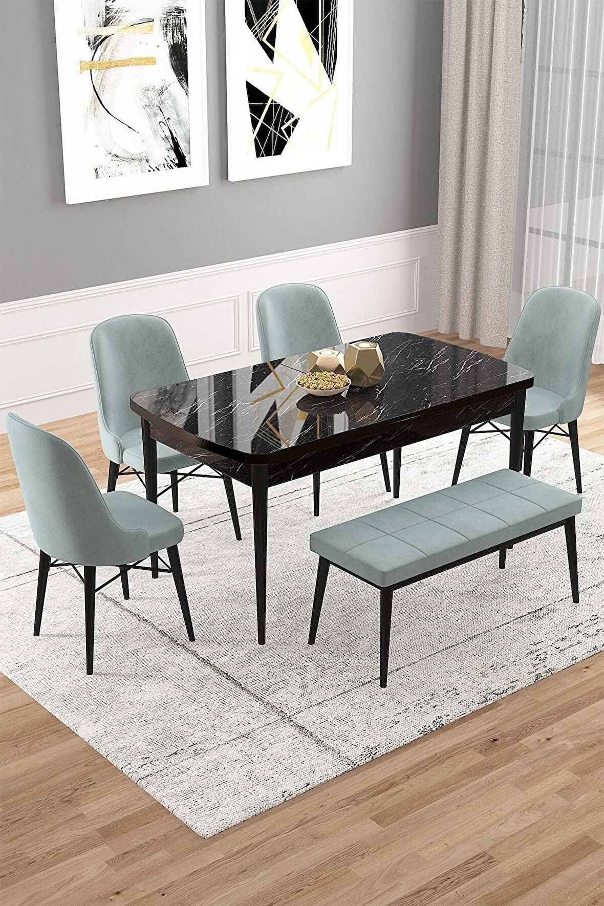 Rovena Vals Siyah Mermer 80x132 Açılabilir Mdf Mutfak Masası Takımı 4 Adet Sandalye+1 Bench