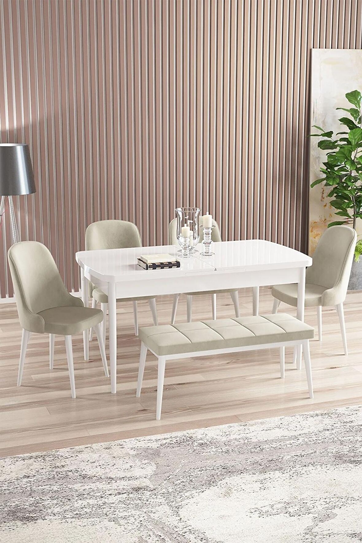 Rovena Armin Beyaz 80x132 Açılabilir Mdf Mutfak Masası Takımı 4 Adet Sandalye+1 Bench