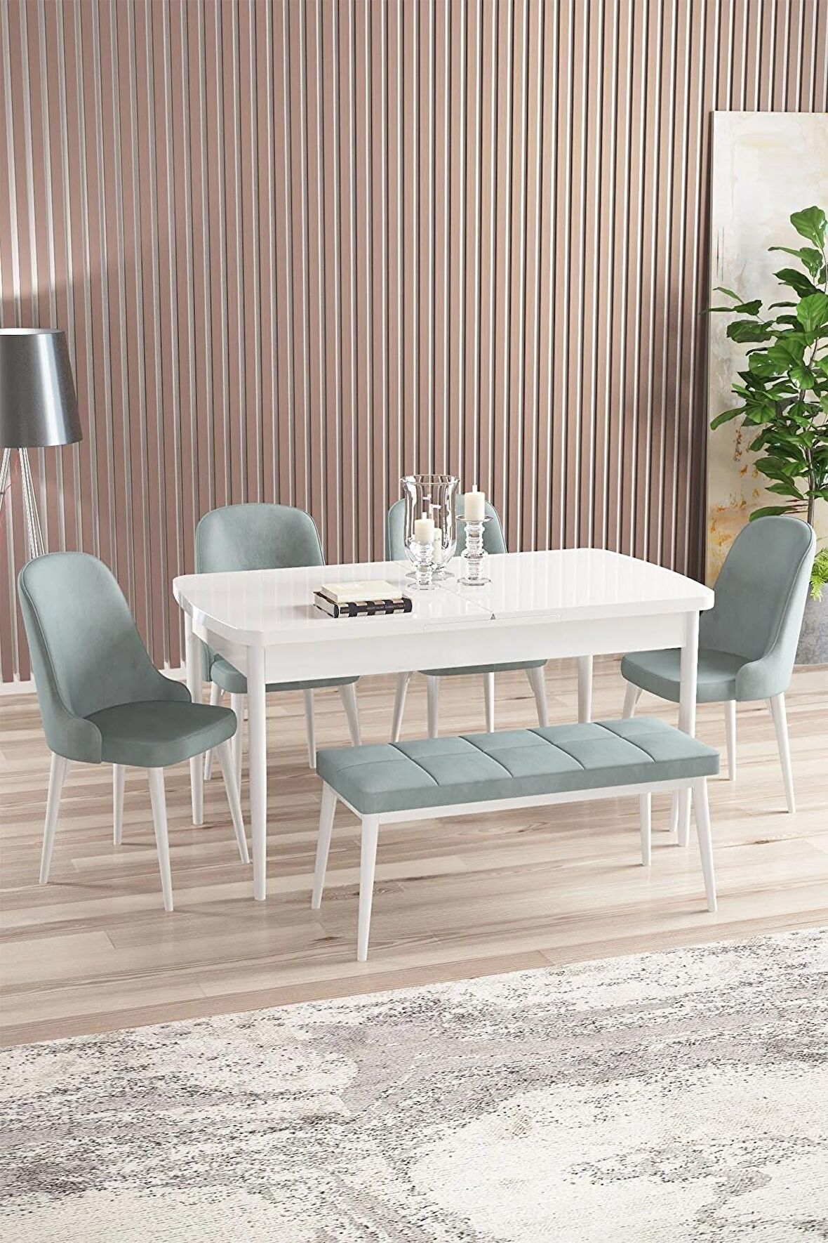 Rovena Armin Beyaz 80x132 Açılabilir Mdf Mutfak Masası Takımı 4 Adet Sandalye+1 Bench