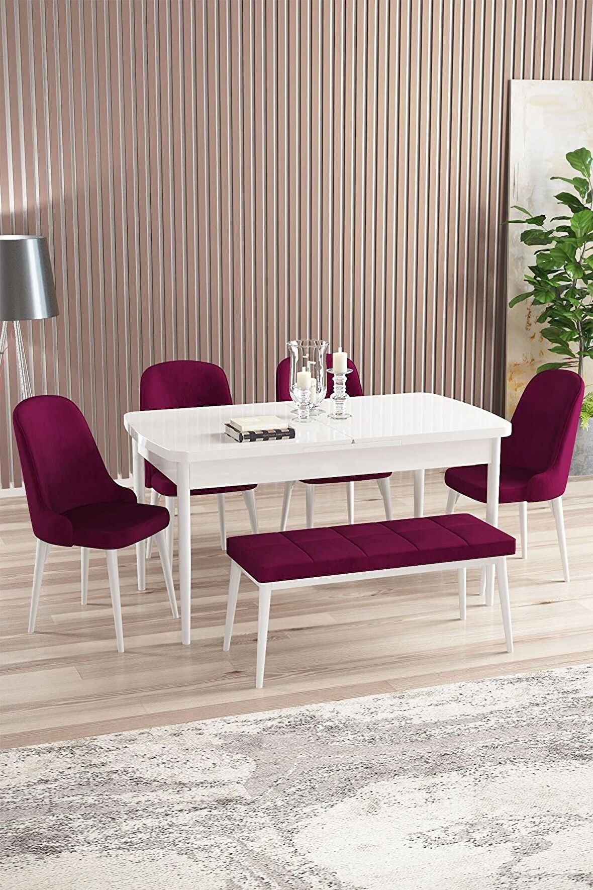 Rovena Armin Beyaz 80x132 Açılabilir Mdf Mutfak Masası Takımı 4 Adet Sandalye+1 Bench