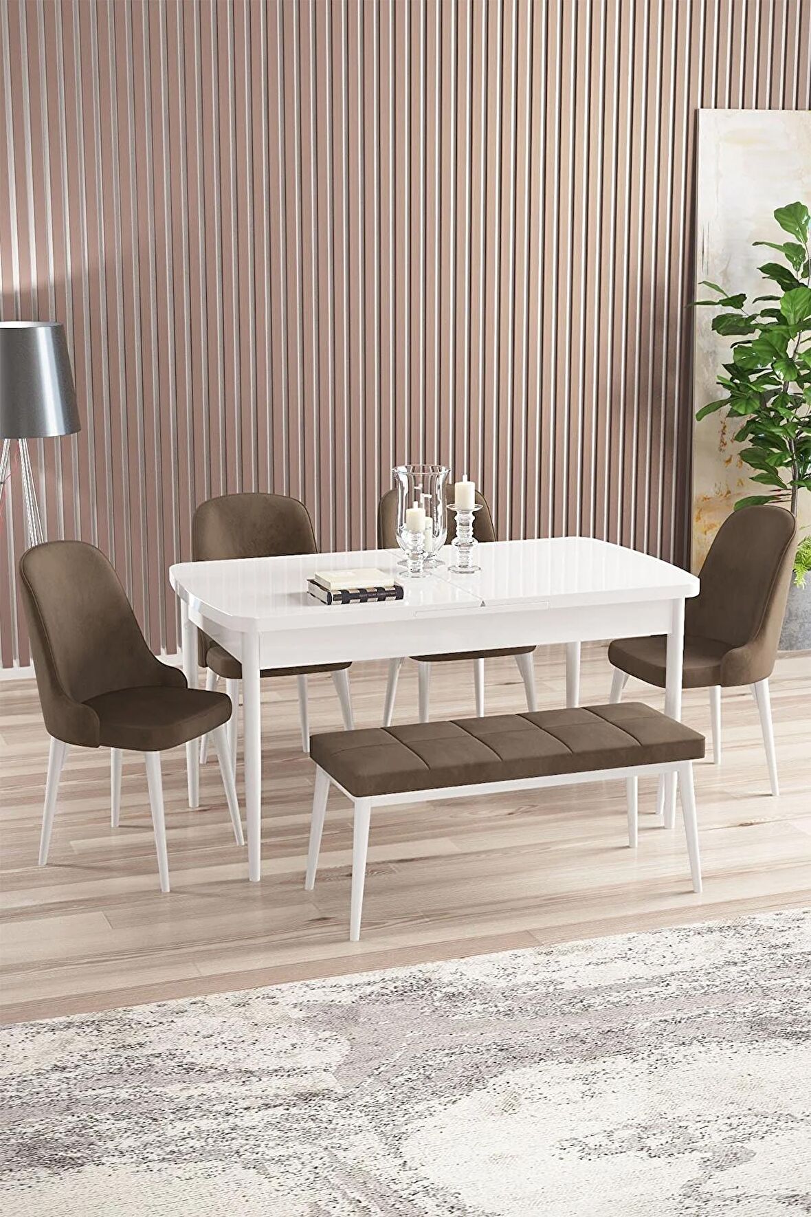 Rovena Armin Beyaz 80x132 Açılabilir Mdf Mutfak Masası Takımı 4 Adet Sandalye+1 Bench