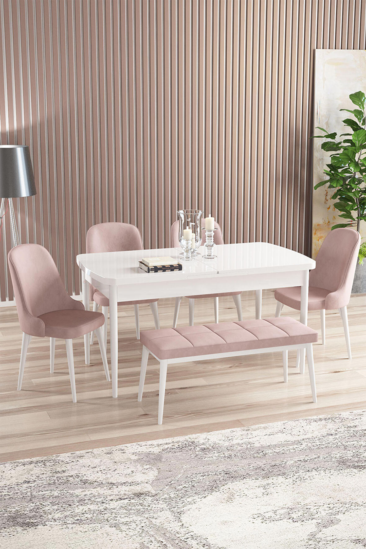 Rovena Armin Beyaz 80x132 Açılabilir Mdf Mutfak Masası Takımı 4 Adet Sandalye+1 Bench