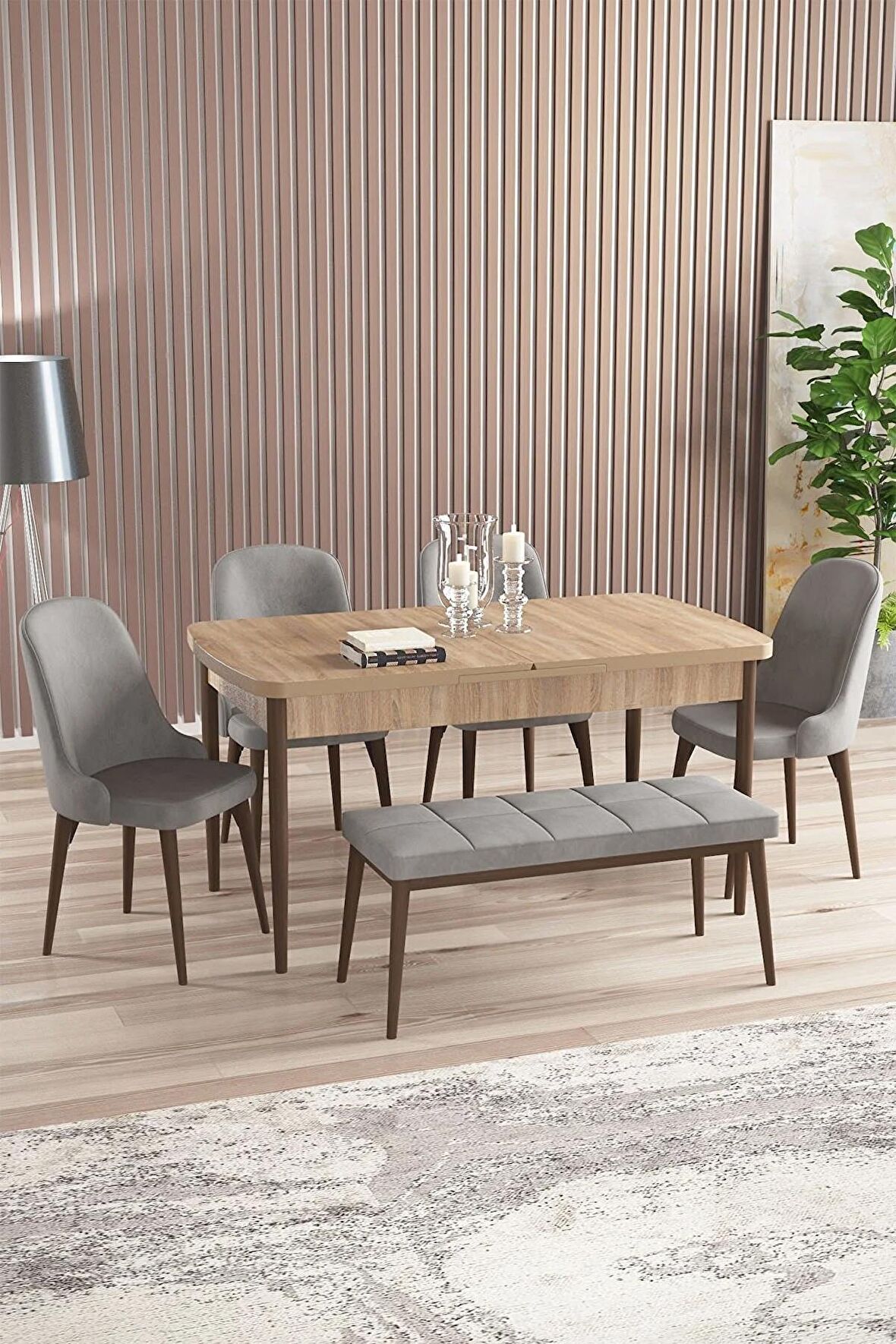 Rovena Armin Meşe 80x132 Açılabilir Mdf Mutfak Masası Takımı 4 Adet Sandalye+1 Bench