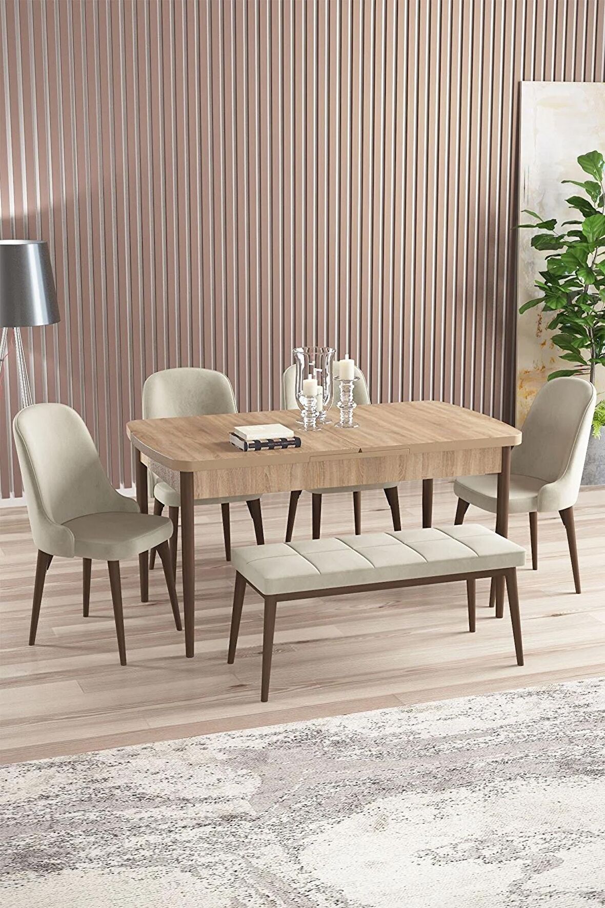 Rovena Armin Meşe 80x132 Açılabilir Mdf Mutfak Masası Takımı 4 Adet Sandalye+1 Bench