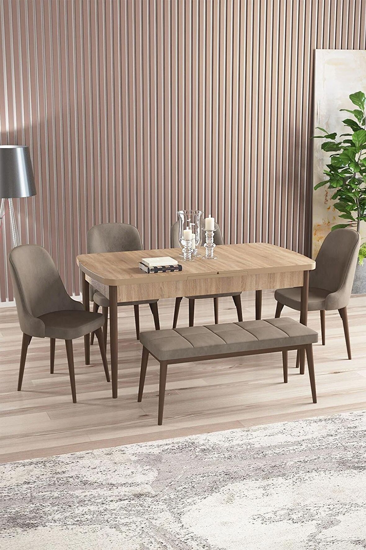 Rovena Armin Meşe 80x132 Açılabilir Mdf Mutfak Masası Takımı 4 Adet Sandalye+1 Bench