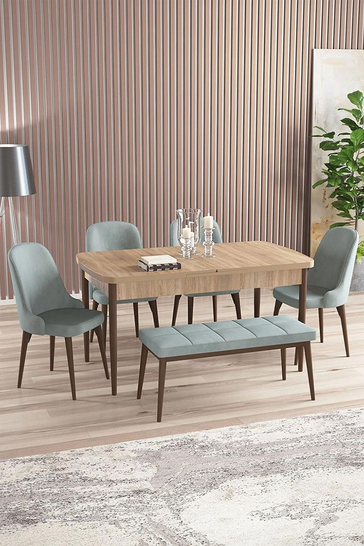 Rovena Armin Meşe 80x132 Açılabilir Mdf Mutfak Masası Takımı 4 Adet Sandalye+1 Bench