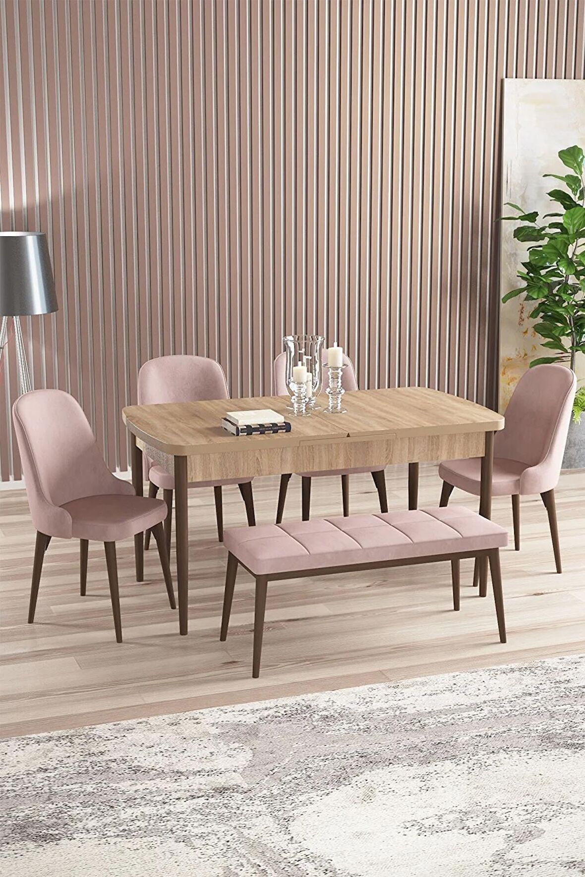 Rovena Armin Meşe 80x132 Açılabilir Mdf Mutfak Masası Takımı 4 Adet Sandalye+1 Bench