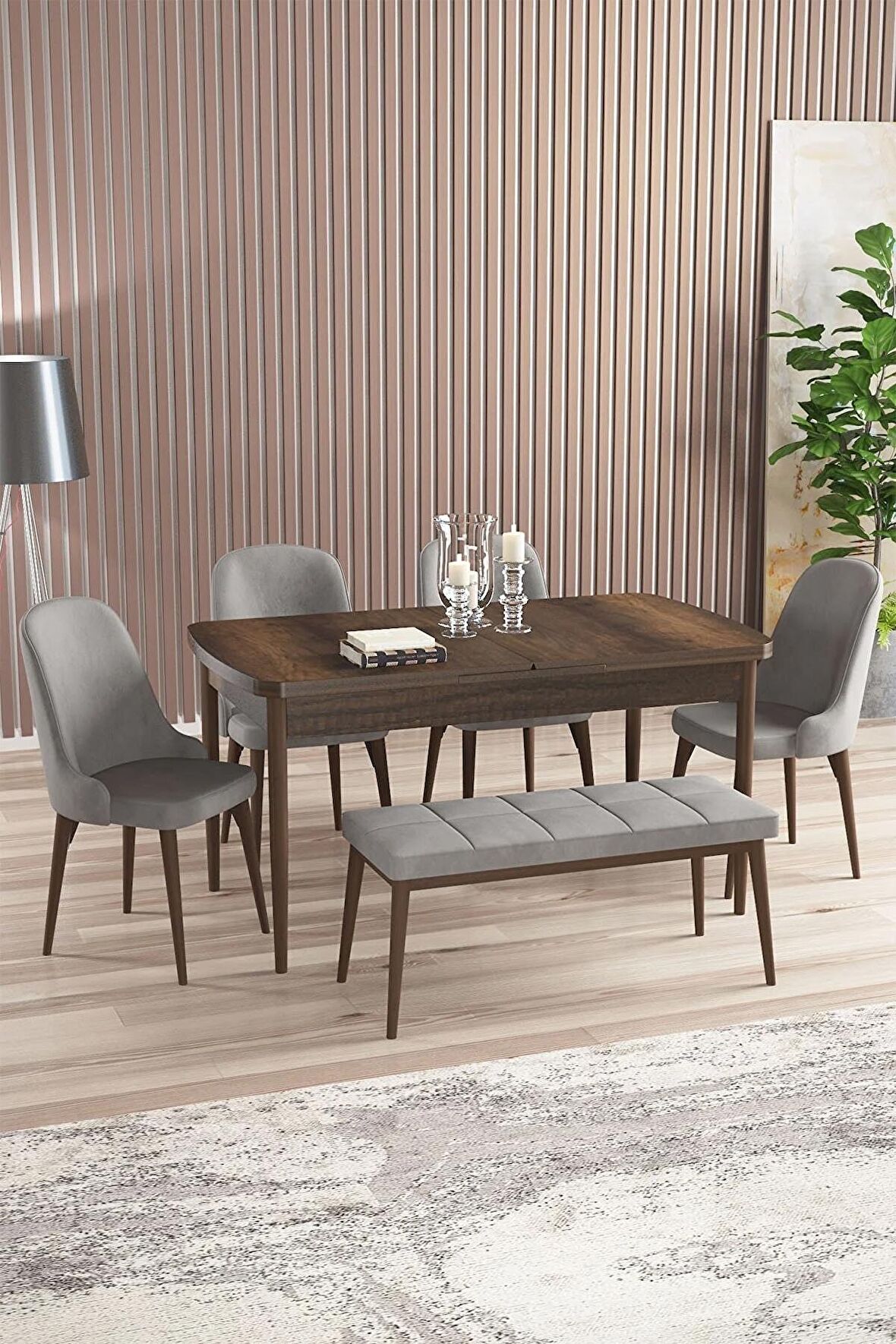 Rovena Armin Barok 80x132 Açılabilir Mdf Mutfak Masası Takımı 4 Adet Sandalye+1 Bench