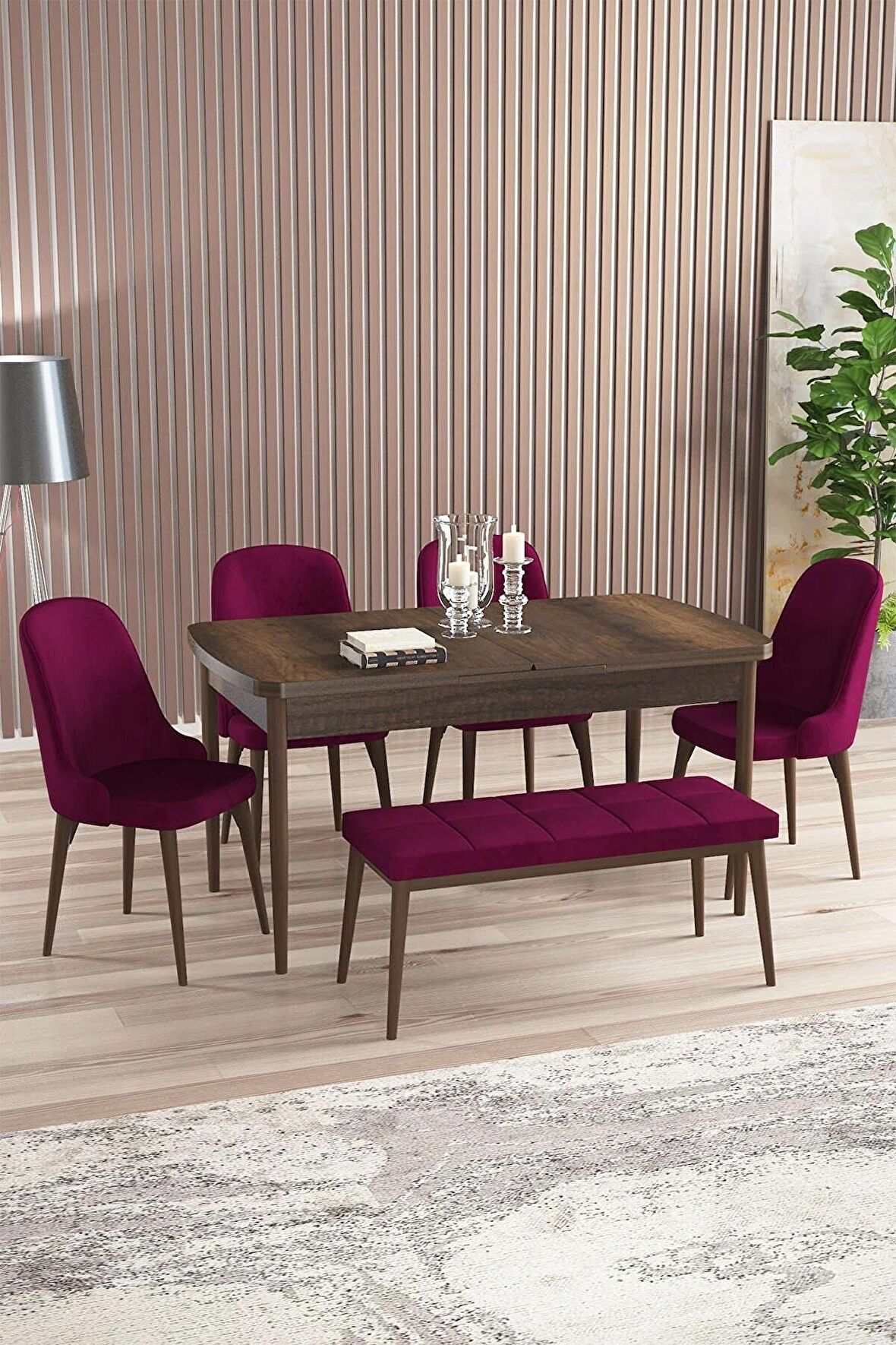 Rovena Armin Barok 80x132 Açılabilir Mdf Mutfak Masası Takımı 4 Adet Sandalye+1 Bench