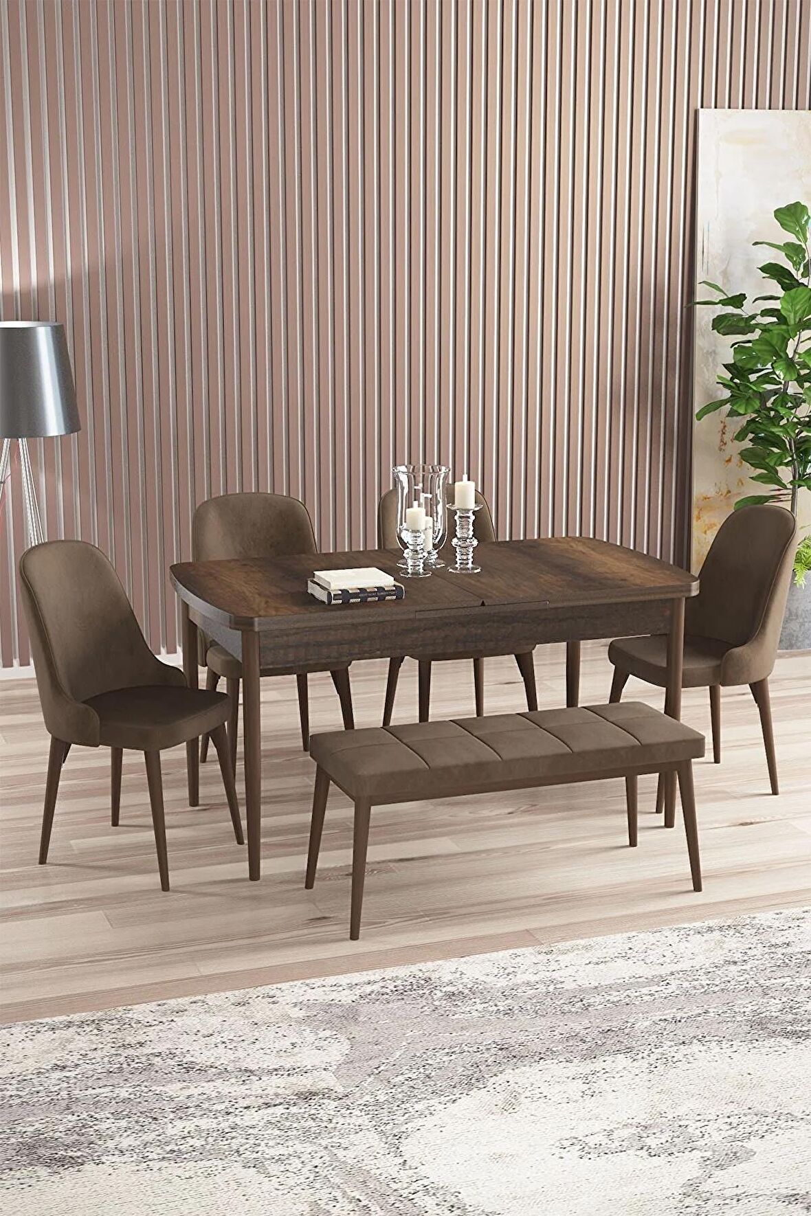 Rovena Armin Barok 80x132 Açılabilir Mdf Mutfak Masası Takımı 4 Adet Sandalye+1 Bench