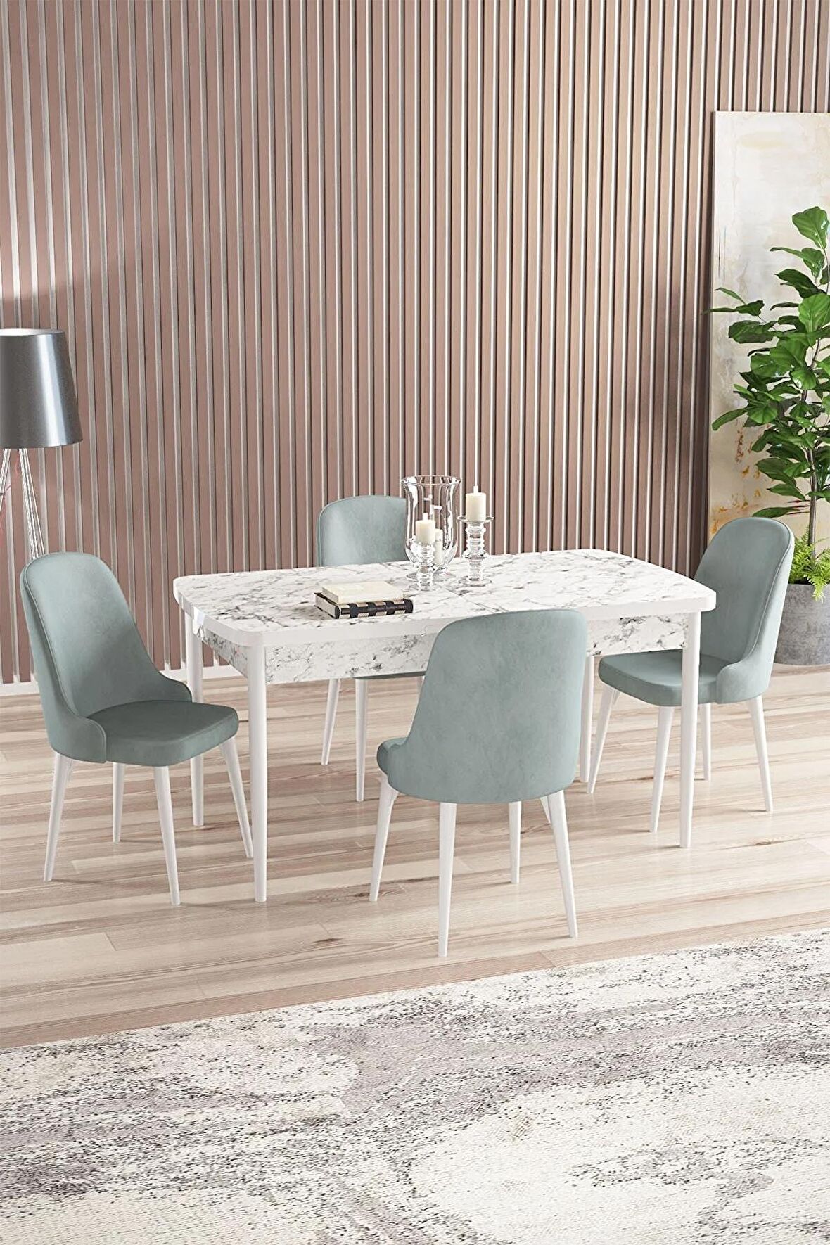 Rovena Armin Beyaz Mermer 80x132 Açılabilir Mdf Mutfak Masası Takımı 4 Adet Sandalye