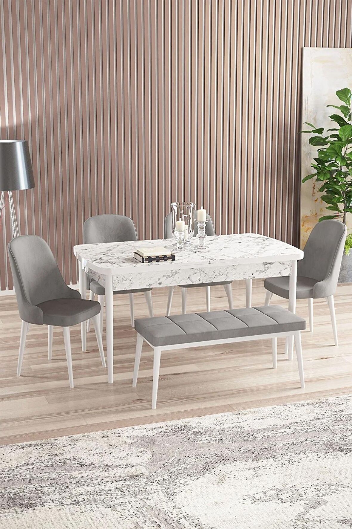 Rovena Armin Beyaz Mermer 80x132 Açılabilir Mdf Mutfak Masası Takımı 4 Adet Sandalye+1 Bench