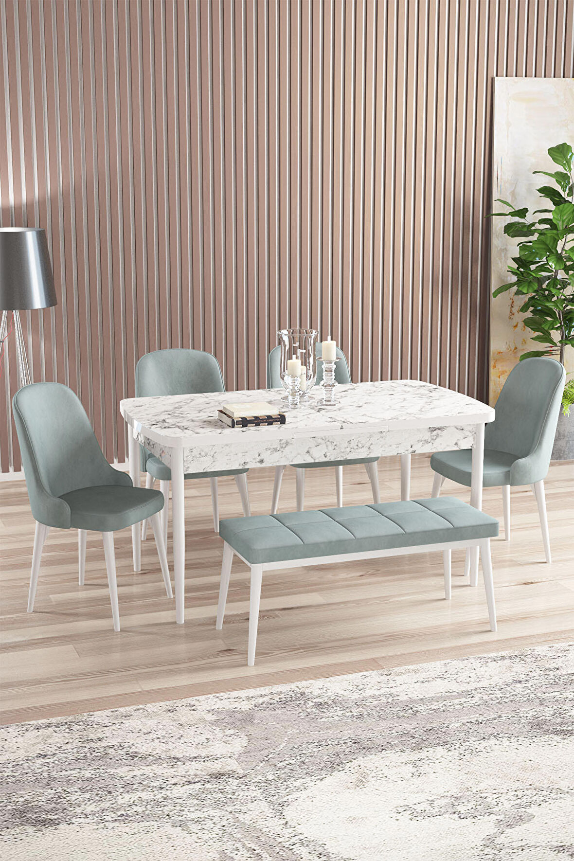 Rovena Armin Beyaz Mermer 80x132 Açılabilir Mdf Mutfak Masası Takımı 4 Adet Sandalye+1 Bench