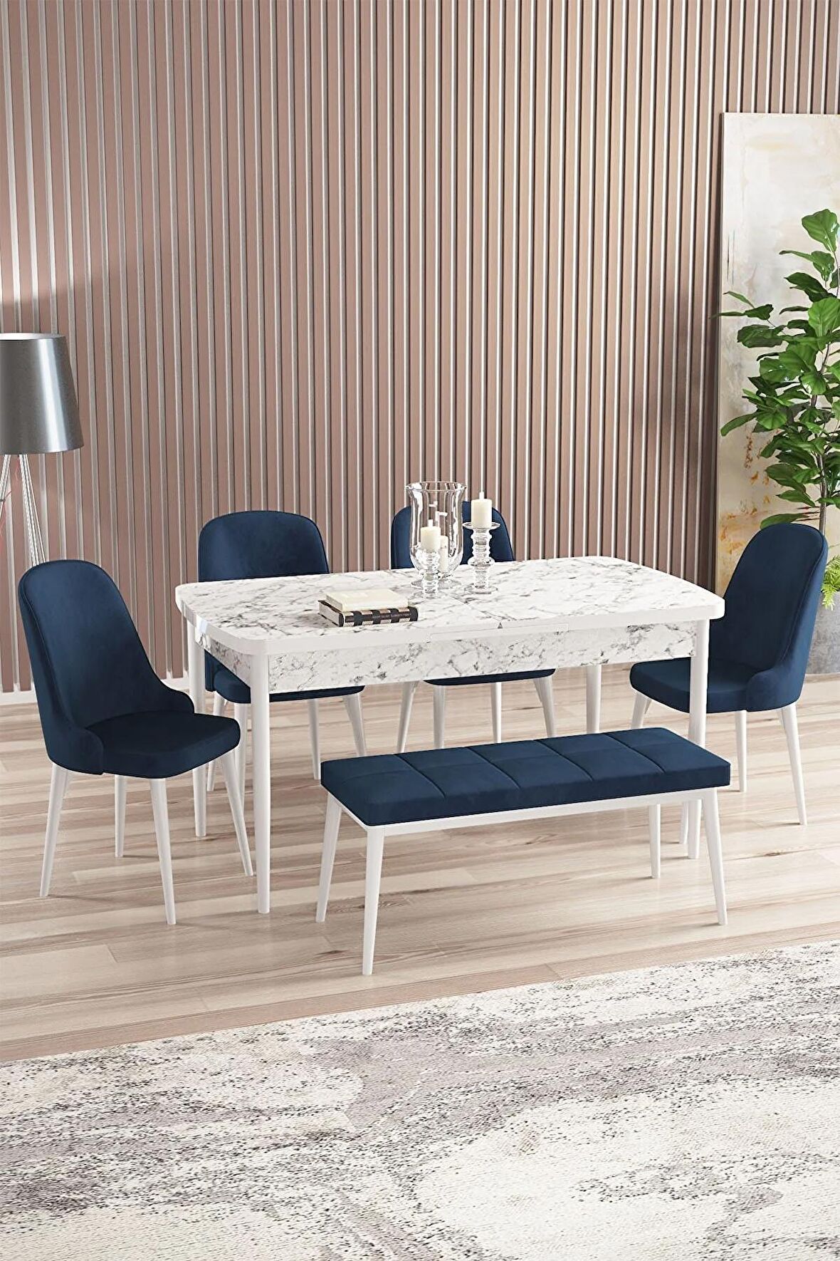 Rovena Armin Beyaz Mermer 80x132 Açılabilir Mdf Mutfak Masası Takımı 4 Adet Sandalye+1 Bench