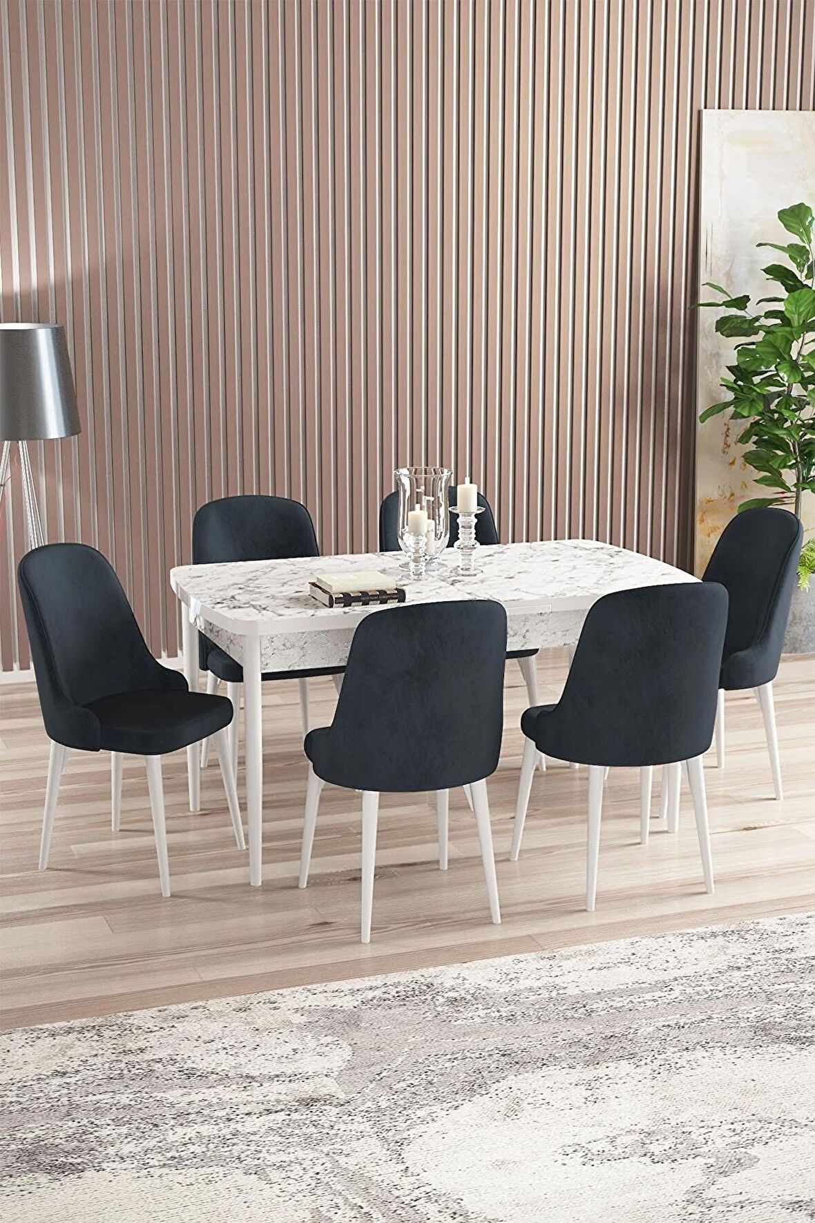 Rovena Armin Beyaz Mermer 80x132 Açılabilir Mdf Mutfak Masası Takımı 6 Adet Sandalye