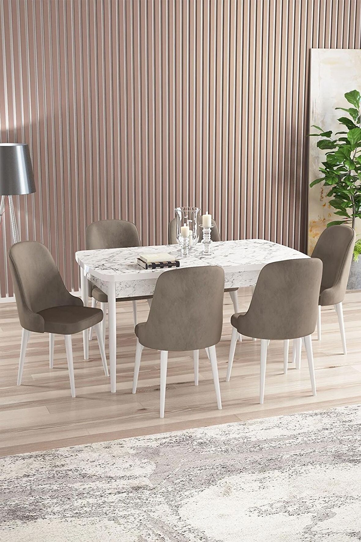 Rovena Armin Beyaz Mermer 80x132 Açılabilir Mdf Mutfak Masası Takımı 6 Adet Sandalye