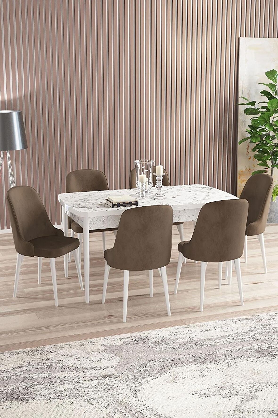 Rovena Armin Beyaz Mermer 80x132 Açılabilir Mdf Mutfak Masası Takımı 6 Adet Sandalye