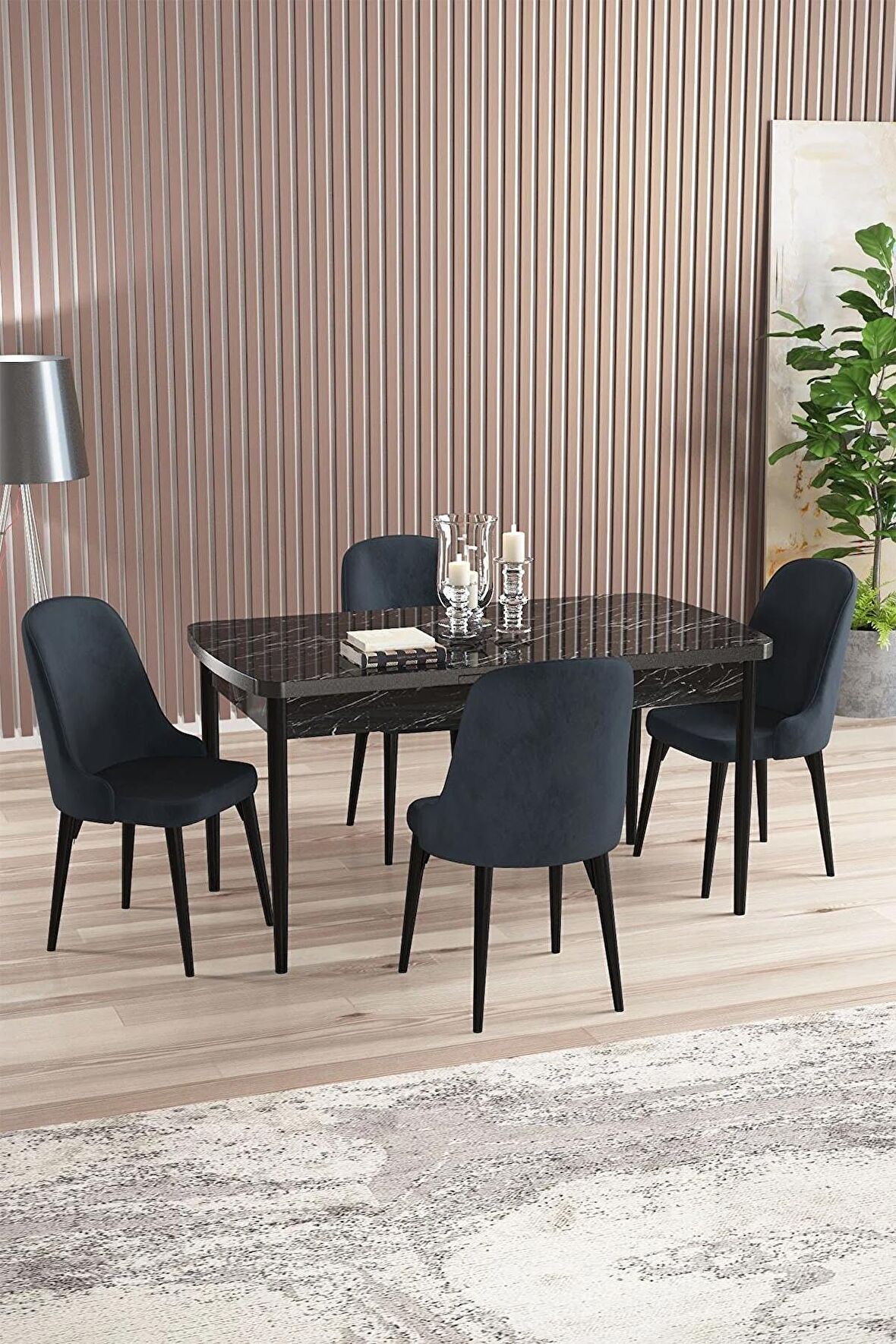 Rovena Armin Siyah Mermer 80x132 Açılabilir Mdf Mutfak Masası Takımı 4 Adet Sandalye