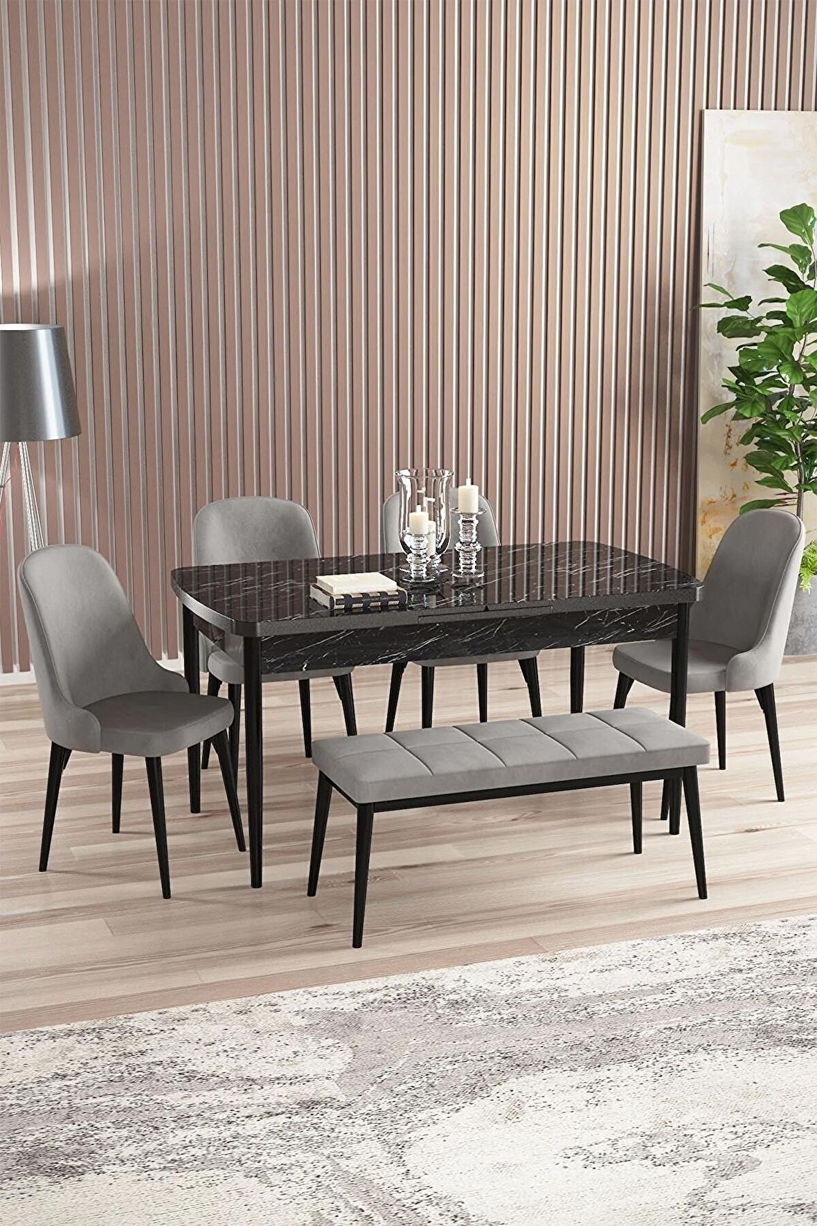 Rovena Armin Siyah Mermer 80x132 Açılabilir Mdf Mutfak Masası Takımı 4 Adet Sandalye+1 Bench