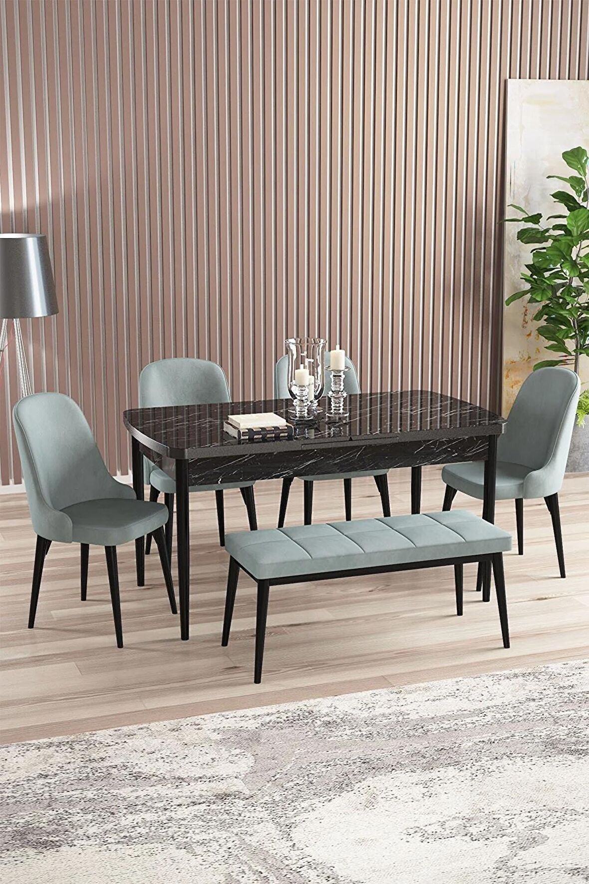 Rovena Armin Siyah Mermer 80x132 Açılabilir Mdf Mutfak Masası Takımı 4 Adet Sandalye+1 Bench