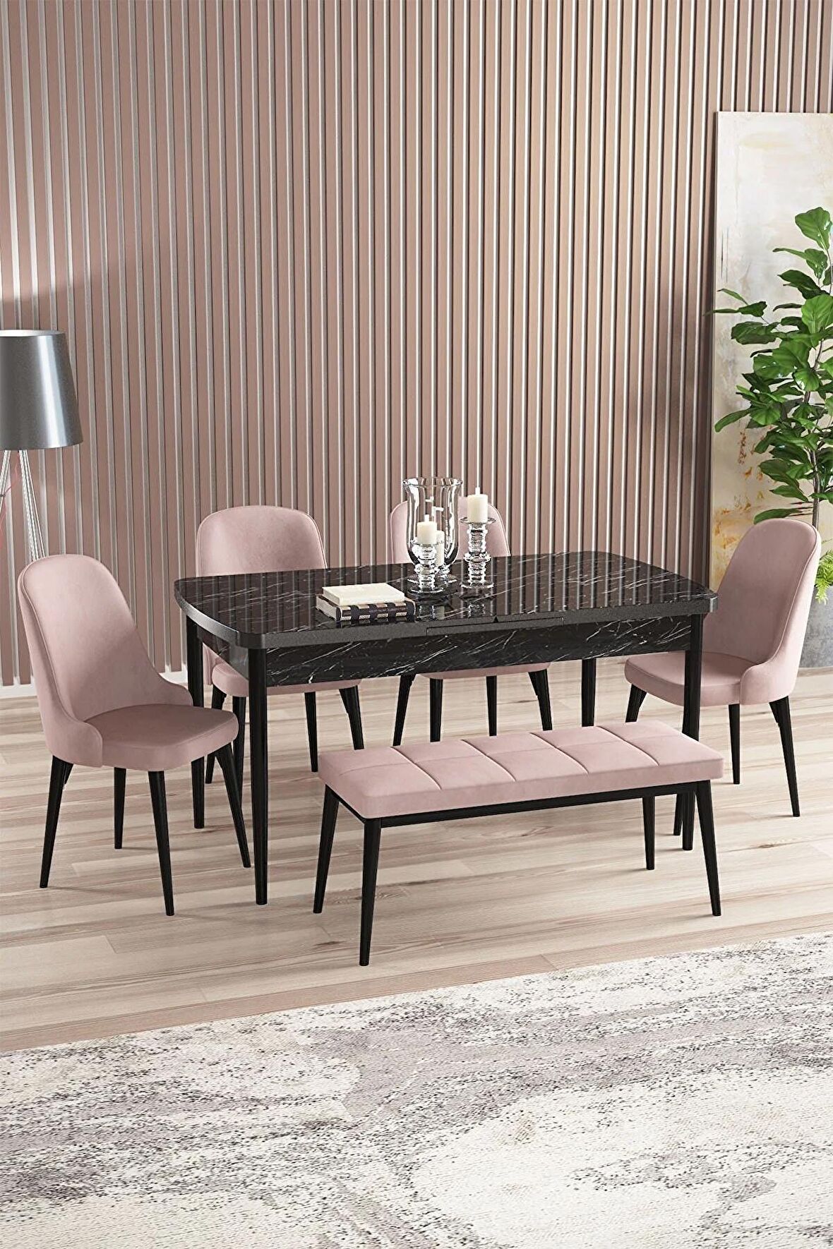 Rovena Armin Siyah Mermer 80x132 Açılabilir Mdf Mutfak Masası Takımı 4 Adet Sandalye+1 Bench