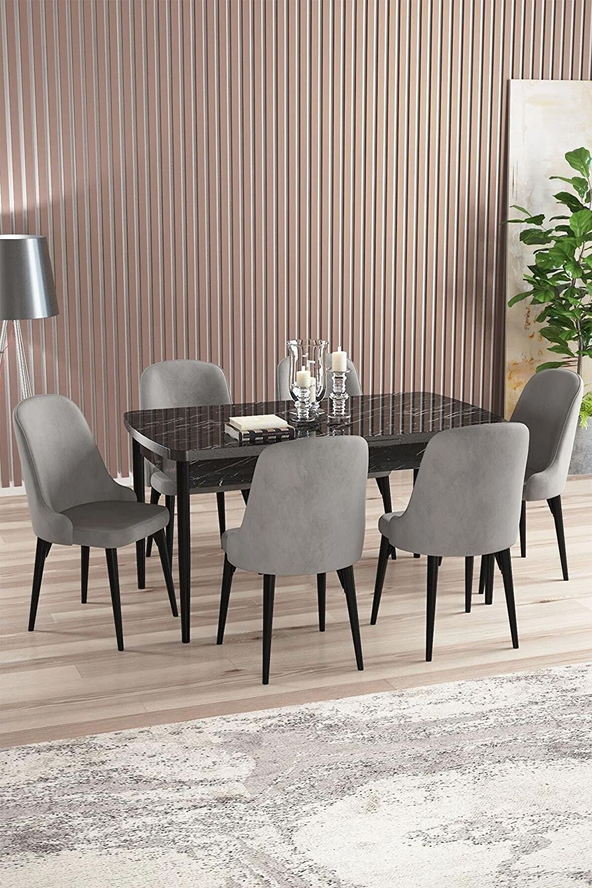 Rovena Armin Siyah Mermer 80x132 Açılabilir Mdf Mutfak Masası Takımı 6 Adet Sandalye