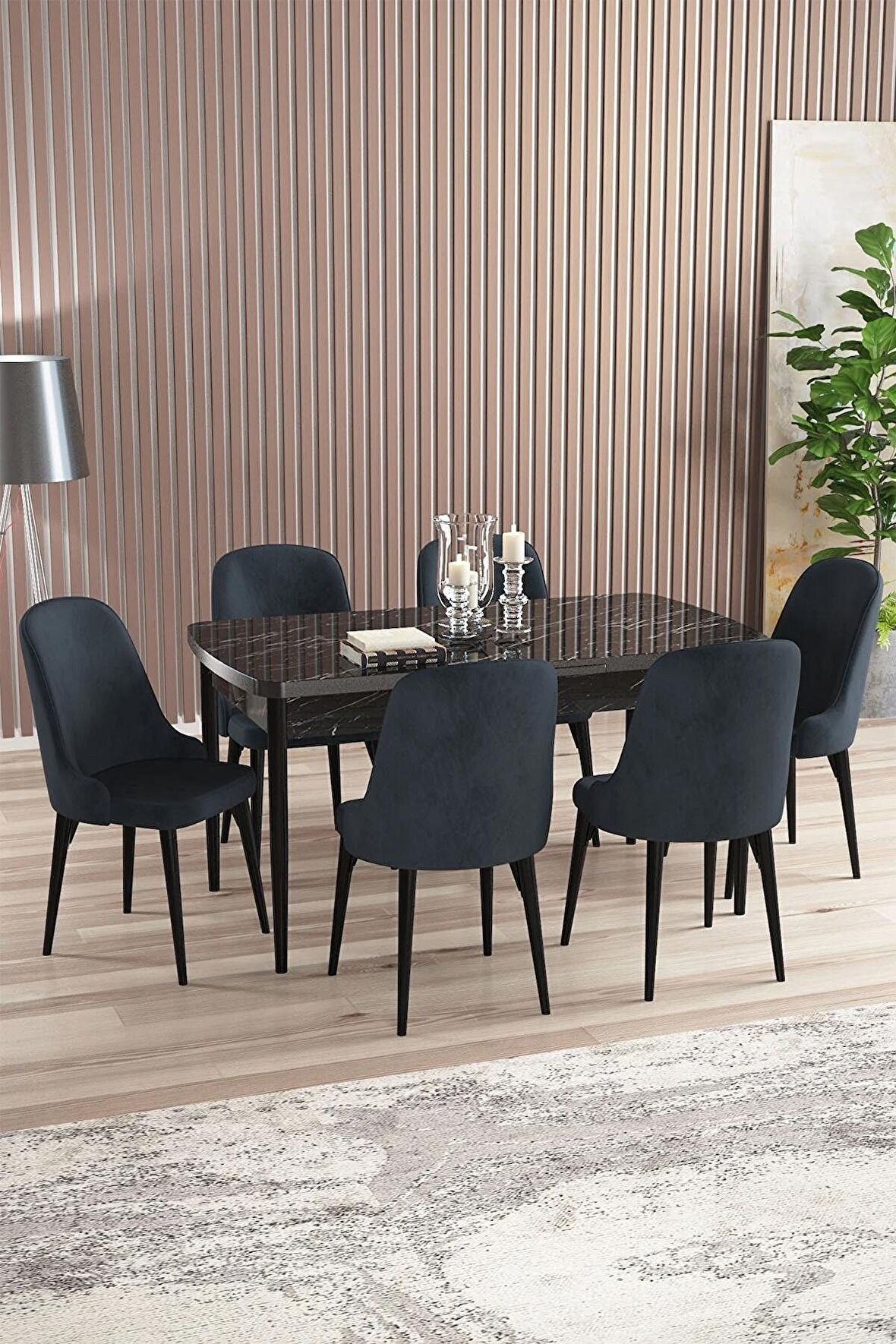 Rovena Armin Siyah Mermer 80x132 Açılabilir Mdf Mutfak Masası Takımı 6 Adet Sandalye