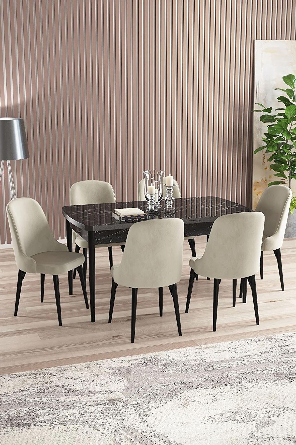 Rovena Armin Siyah Mermer 80x132 Açılabilir Mdf Mutfak Masası Takımı 6 Adet Sandalye