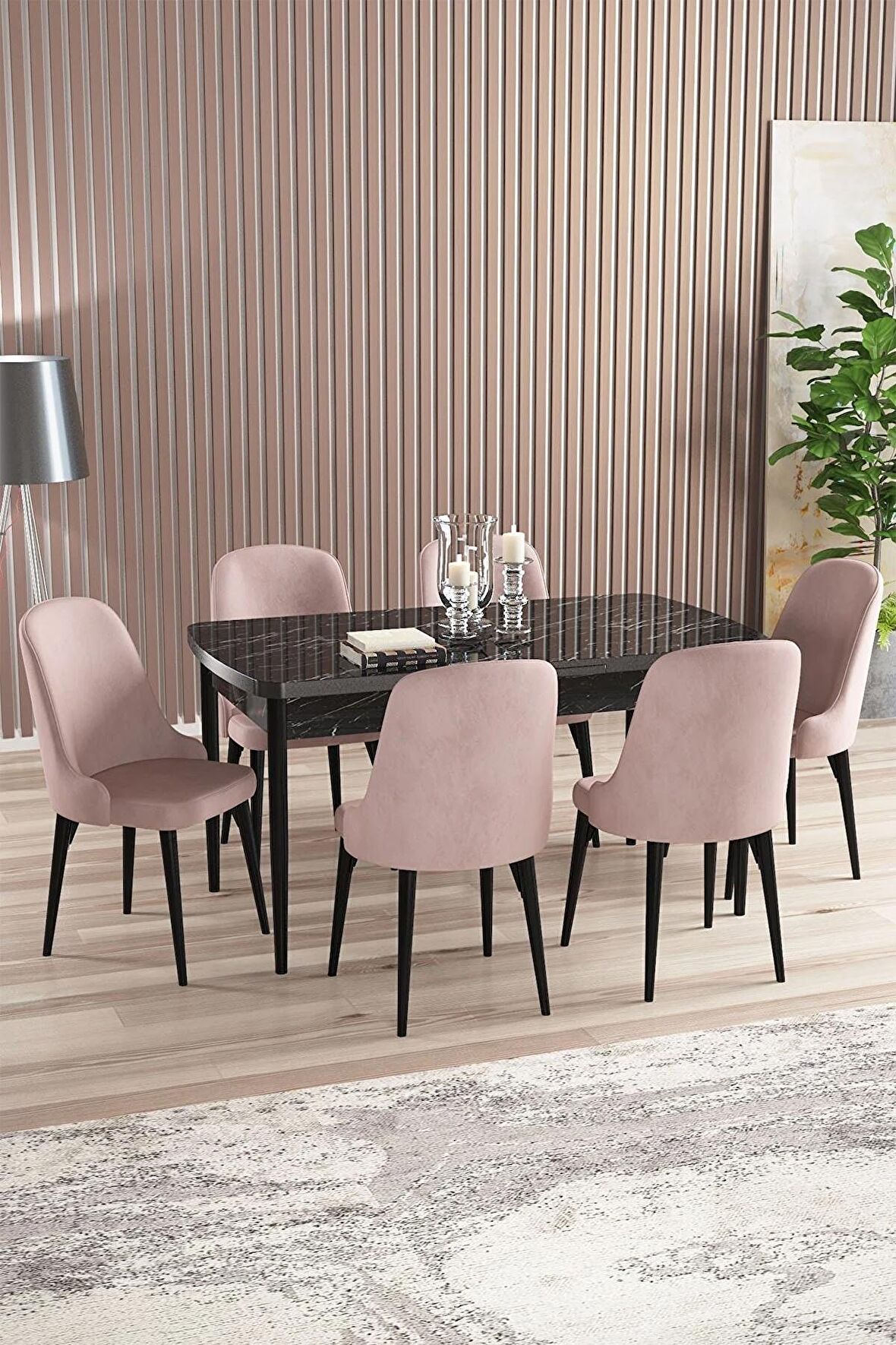 Rovena Armin Siyah Mermer 80x132 Açılabilir Mdf Mutfak Masası Takımı 6 Adet Sandalye