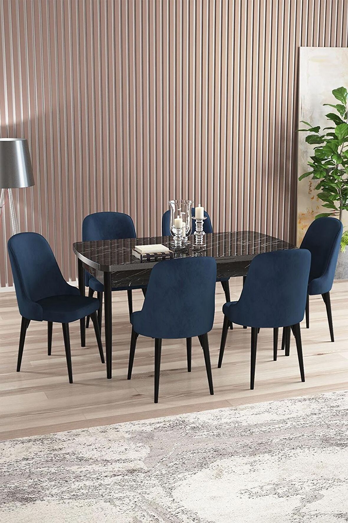 Rovena Armin Siyah Mermer 80x132 Açılabilir Mdf Mutfak Masası Takımı 6 Adet Sandalye