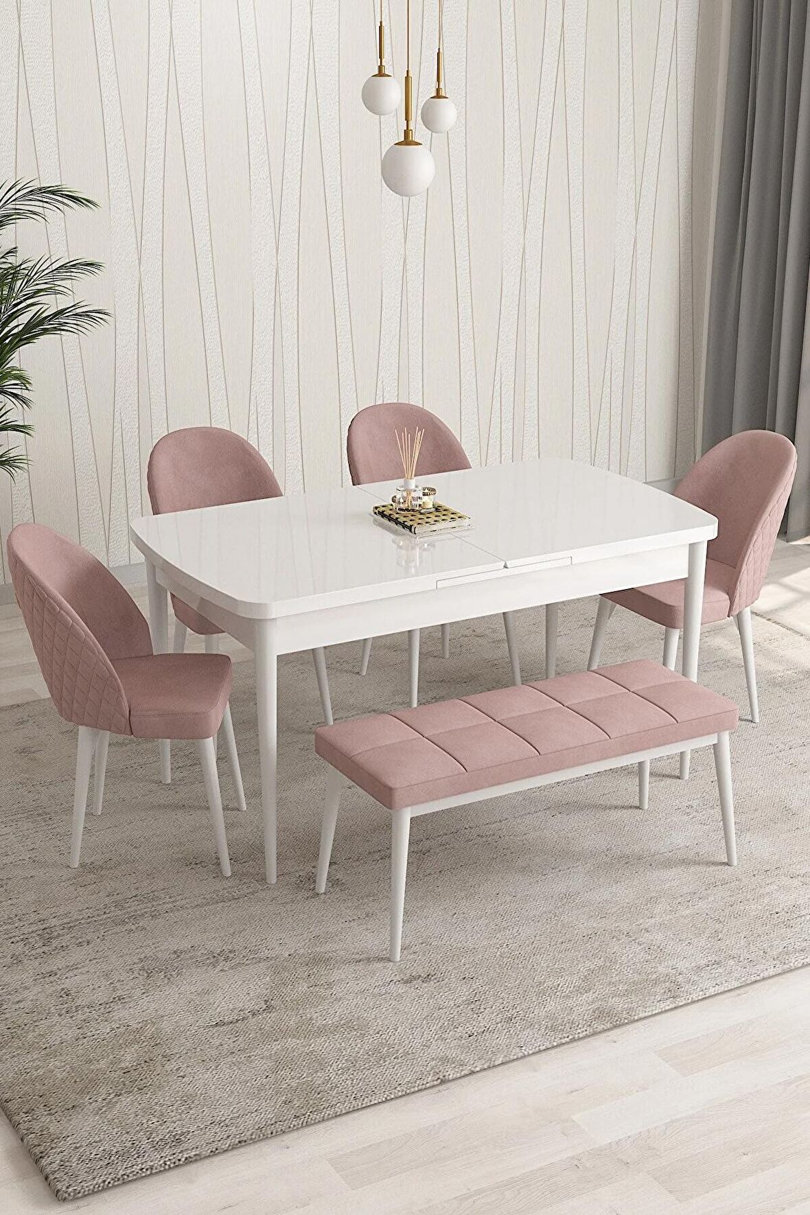 Rovena Arjeta Beyaz 80x132 Açılabilir Mdf Mutfak Masası Takımı 4 Adet Sandalye+1 Bench