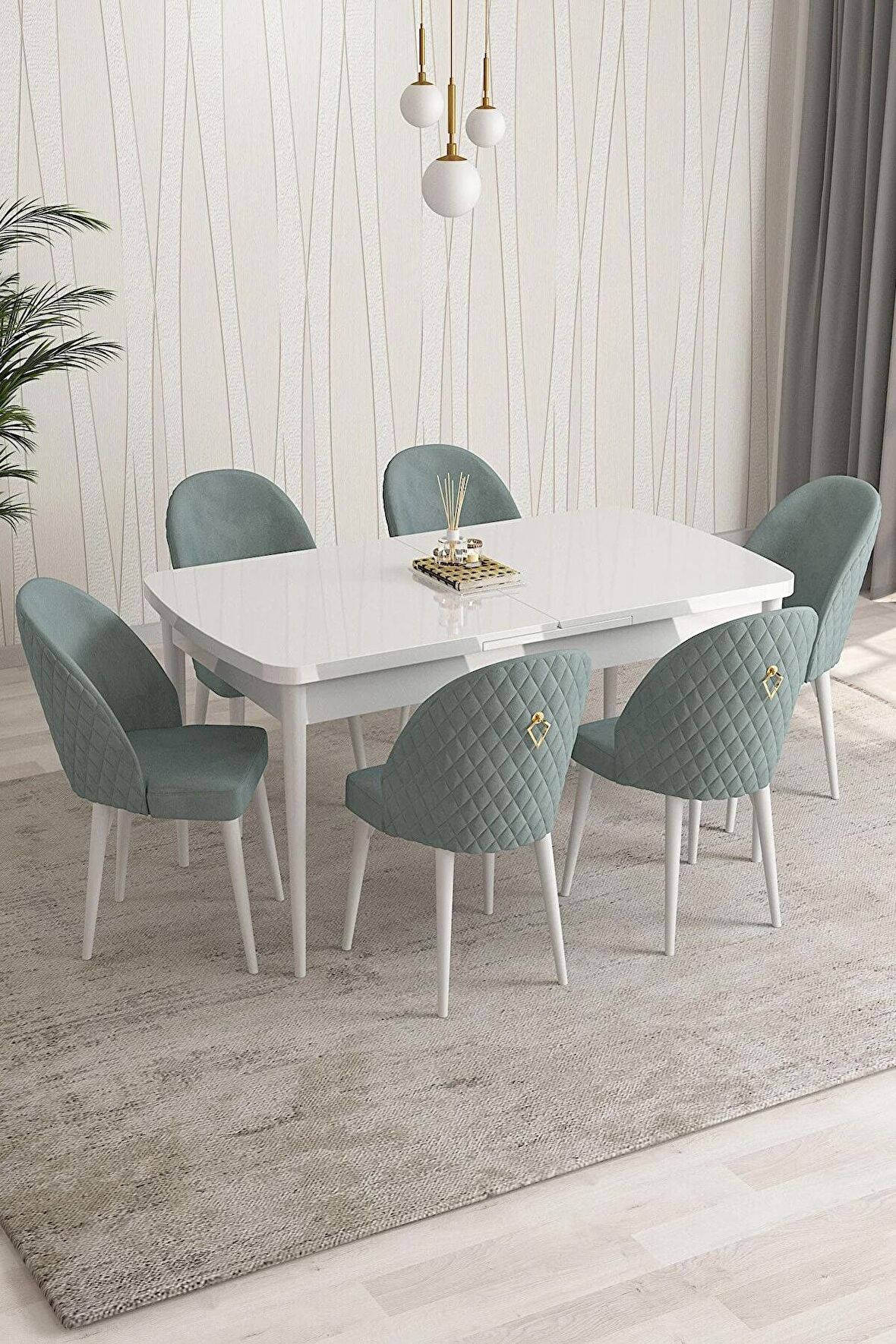 Rovena Arjeta Beyaz 80x132 Açılabilir Mdf Mutfak Masası Takımı 6 Adet Sandalye