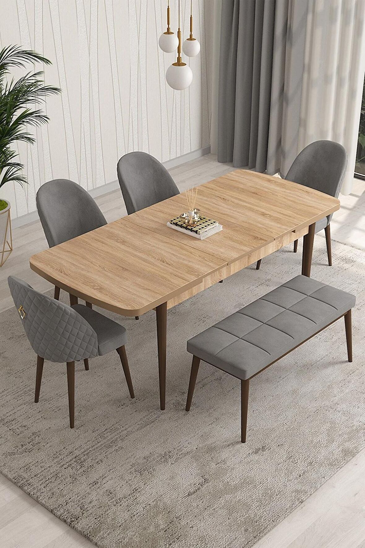 Rovena Arjeta Meşe 80x132 Açılabilir Mdf Mutfak Masası Takımı 4 Adet Sandalye+1 Bench