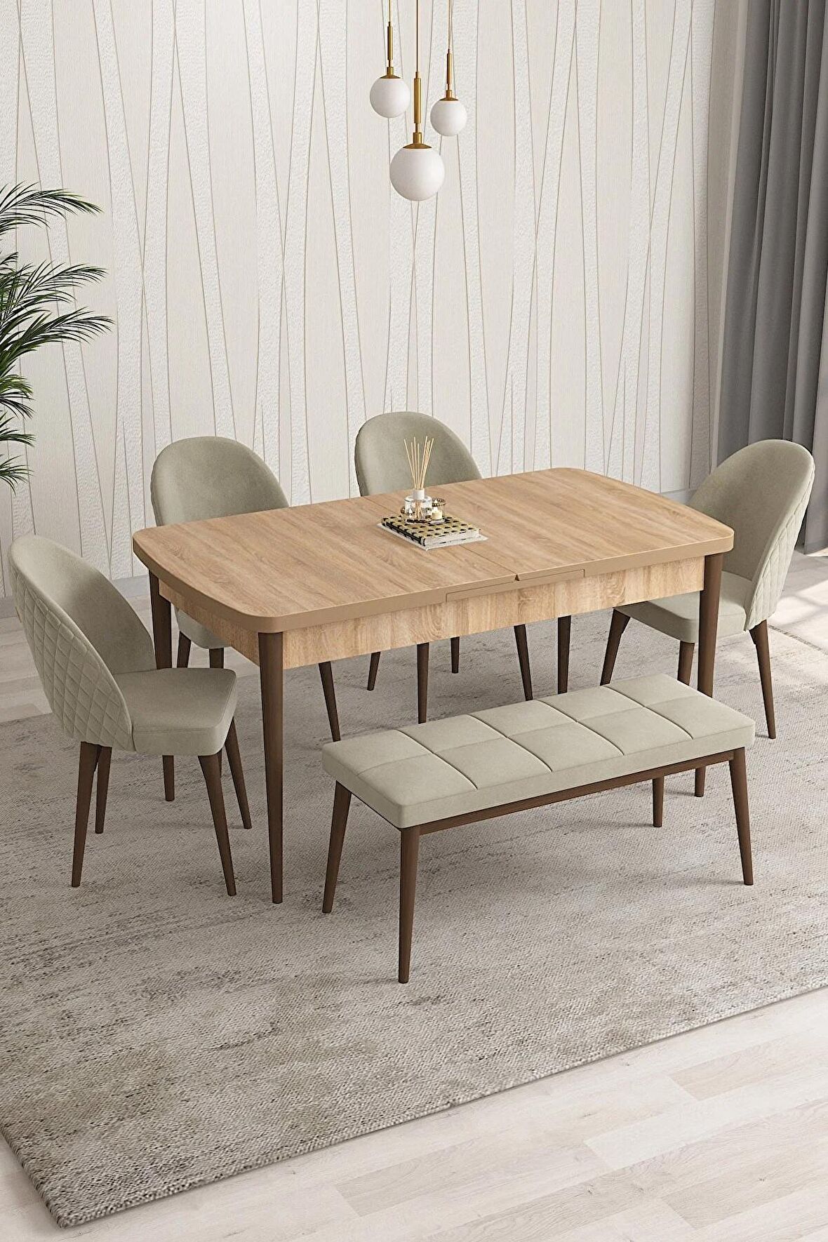 Rovena Arjeta Meşe 80x132 Açılabilir Mdf Mutfak Masası Takımı 4 Adet Sandalye+1 Bench