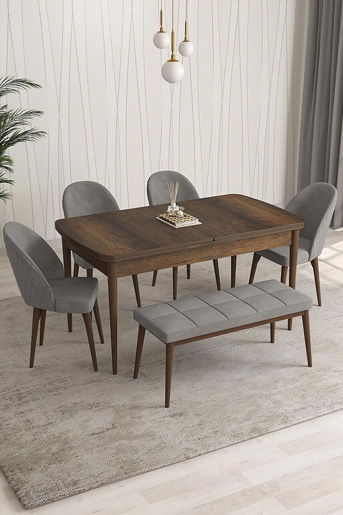 Rovena Arjeta Barok 80x132 Açılabilir Mdf Mutfak Masası Takımı 4 Adet Sandalye+1 Bench