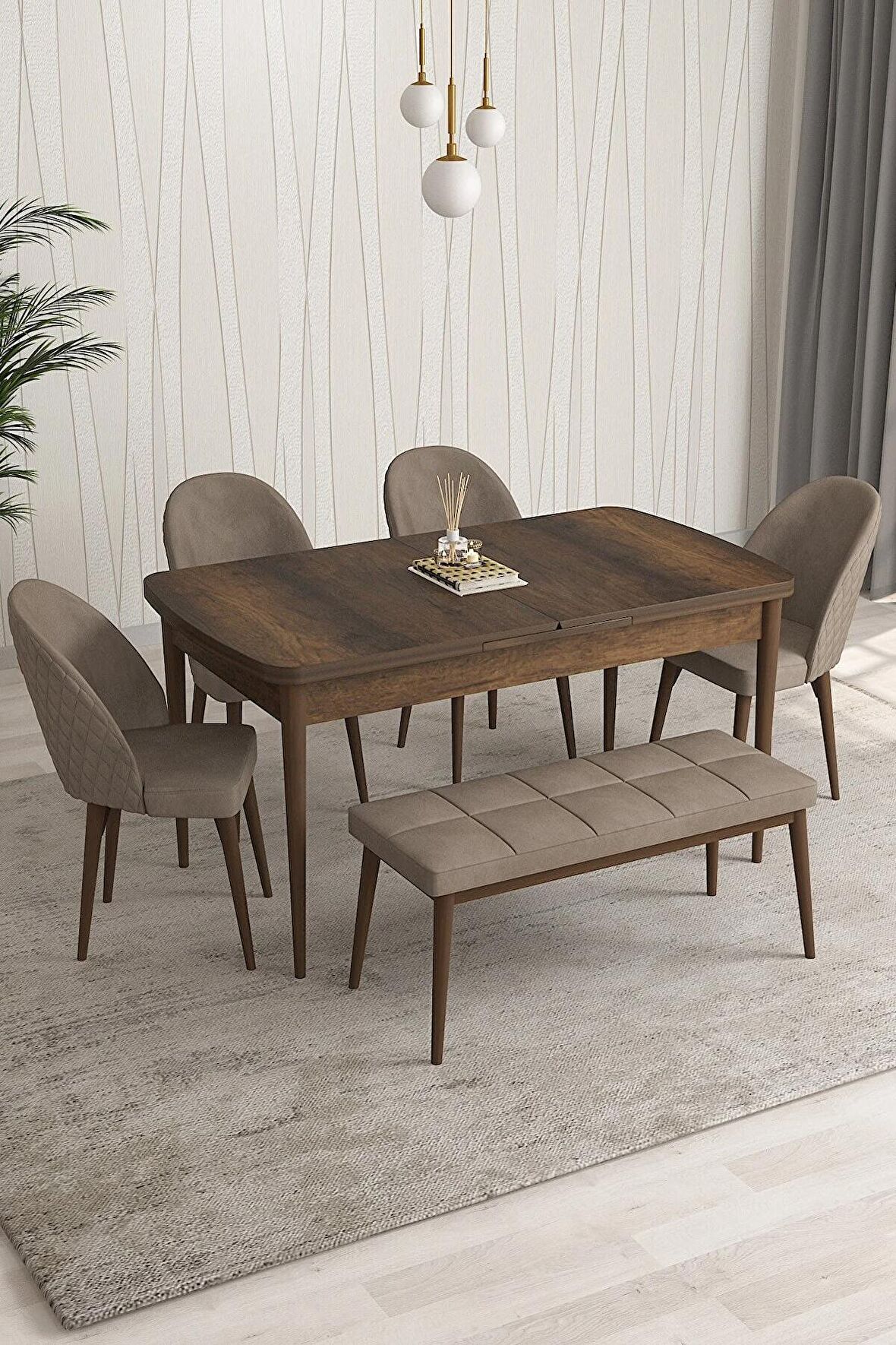 Rovena Arjeta Barok 80x132 Açılabilir Mdf Mutfak Masası Takımı 4 Adet Sandalye+1 Bench